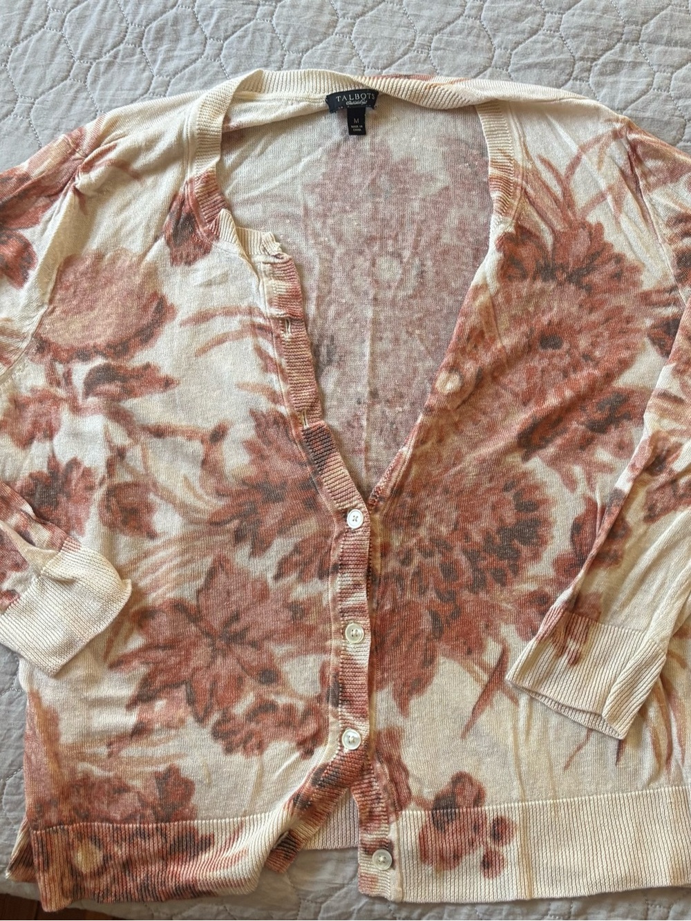 Talbots Cream and Rust Floral Button-Front Cardigan